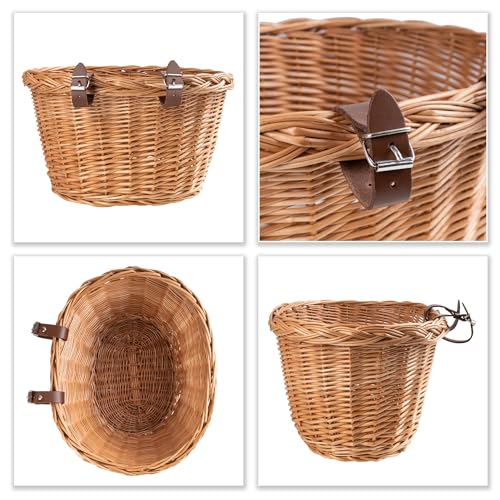 Creative Home Weide Fahrradkorb Universal | 36 x 29 x 23 cm (+/-2 cm) Leicht | Natürlich Braun Weide Fahrrad Korb | Weidenkorb mit Lederbänden | Montierbarer Fahrradkorb für Lenker | Fahrradzubehör