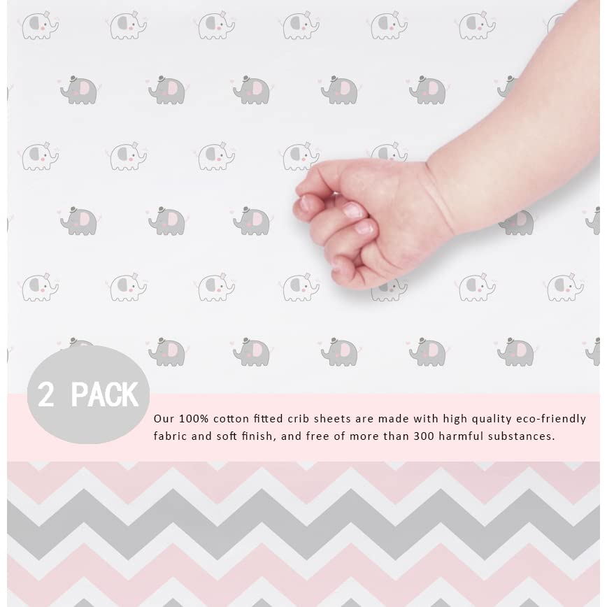 Miniatura 2 de Elephant Chevron - Sábanas ajustables para cuna, color rosa, 2 unidades
