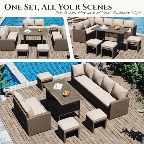 Image of U-MAX 7 Pieces Patio Furniture Set with Waterproof Cover, Outdoor Sectional Sofa Conversation Set, All Weather Wicker Rattan Dining Table & Chair with Ottoman, Brown Rattan&Khaki Cushion