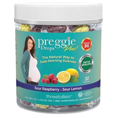 Three Lollies Preggie Drops Plus Pregnancy Nausea Relief Drops with 10 mg Vitamin B6 and Essential Oils Morning Sickness and Queasy Stomach Support for Pregnant Women Two Flavors 32 Count
