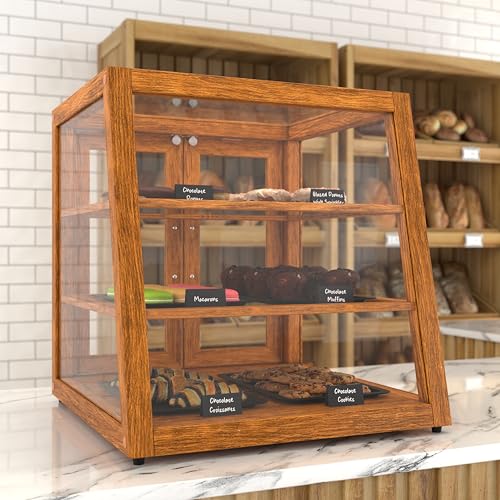 Image of KoolMore 21 in. Light Wood Slanted Countertop Dry Bakery Display Case, Bread, Pastry and Dessert Display with Tempered Glass