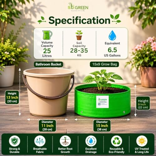 Image of HDPE Grow Bags for Plants 15X9 Inch (Pack of 6) | 260 GSM Heavy Duty UV-Protected Round Green Colour Plant Bags for Terrace and Vegetable Gardening | Strong & Reusable|