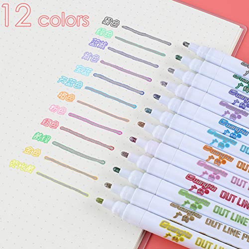 Double Line Outline Pens 12 Color Self-outline Metallic Permanent Markers Gift Cards Drawing Writing Journal Pens