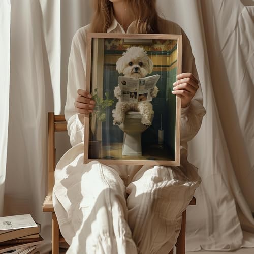 Image of Maltese on Toilet Wood Framed Wall Art Print Poster, Dog Bathroom Humor Decor Posters Prints for Restroom Home Picture Painting Artwork Gallery 7 (Maltese, 10 inchL x 8 inchW, Wood Frame)