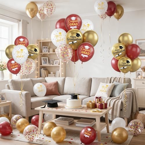 Image of Burgundy and Gold Graduation Balloons Graduation Decorations 2026, 60Pcs Print Congrats Grad Balloons, Maroon Gold Confetti Latex Balloon, Class of 2026 Grad Party Decorations for College High School