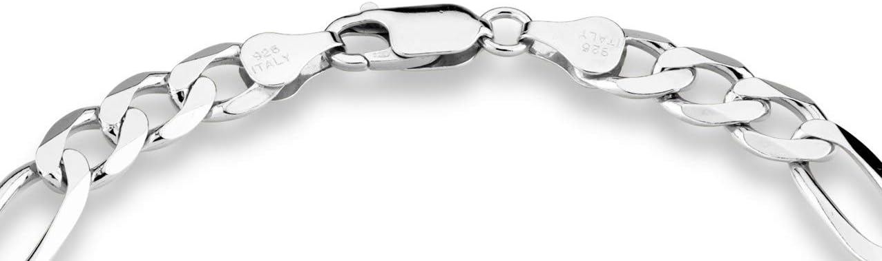 Miabella 925 Sterling Silver Italian 7mm Solid Diamond-Cut Figaro Link Chain Bracelet for Men, Made in Italy, 8 Inch, Sterling Silver