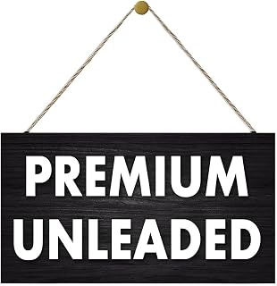 Premium Unleaded Wood Sign 12x6 Inch, Rustic Black Wooden Wall Plaque with Bold White Lettering, Funny Gas Station Style Home Bar Garage Decor, Novelty Gift