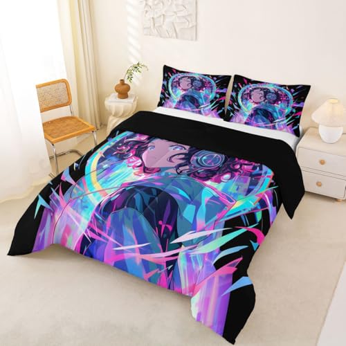 Image of Erosebridal 3D Anime Girl Bedding Comforter Sets American Street Culture Comforter Set Full for Teens Youth Girls Watercolor Graffiti Style Bedding Galaxy Stars Print Duvet Set with 2 Pillow Cases