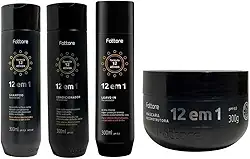 Kit Completo Fattore 12 em 1 Shampoo, Condicionador, Leave-in e Máscara 300g Cada Reconstrução Profunda Hidratação Intensa Proteção Térmica Selagem Capilar Brilho Espelhado Redução de Frizz Para Cabelos Danificados Ressecados e Porosos