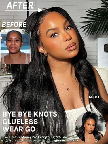 Image of KLAIYI Yaki Straight Bye Bye Knots Glueless Wig 7x5 Precut Lace Front Wigs Human Hair Put On and Go Wigs for Beginners Pre Bleached Pre Plucked Pre Everything 3S Easy to Ready to Wear Kinky Wig 20Inch