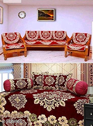 Excell Loomtex Maroon Flower Theme Diwan Set - 1 Bedsheet, 5 Cushion Covers, 2 Bolster Covers, 10 Sofa Covers - Luxurious Chennille Fabric, Attractive Print - Living Room & Bedroom Furniture-image-14