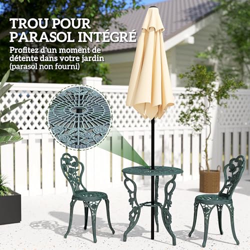 Outsunny Ensemble Salon de Jardin 2 Places 2 chaises + Table Ronde Style néo-rétro Motif Rose Lignes fuselées Fonte d'aluminium Vert Vieilli – Image 4