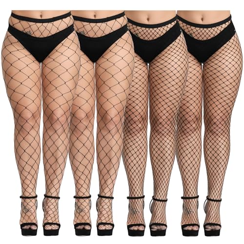 Aneco 4 Pairs Plus Size Fishnet Stockings for Women High Waist Tights Sexy Black Mesh Tights Stockings Thigh High Pantyhose