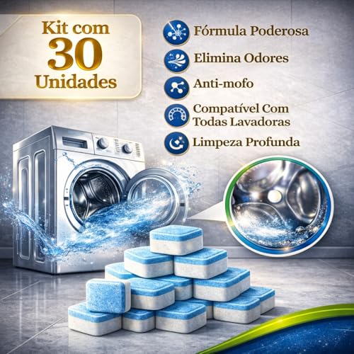 Kit 30 Pastilhas Limpeza Máquina Lavar Roupas Premium Mais Economia e Até 3x Mais Durabilidade que Kits Comuns, Remove Odor e Resíduos e Prolonga a Vida da Máquina 30 Ciclos de Limpeza e Higienização #3