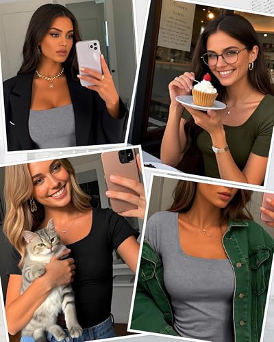 Ficerd 3 Pack Women's Cotton Square Neck Shirts, Short Sleeve Slim Fit Tops Summer Scoop Neck Casual Basic T-Shirts Tee4