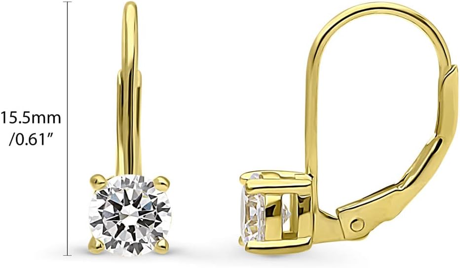 BERRICLE Sterling Silver Solitaire Round Cut Cubic Zirconia CZ Fashion Leverback Dangle Drop Earrings for Women, Yellow Gold Flashed, 5mm