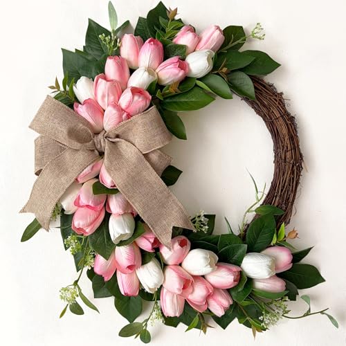 Tulip Wreath for Front Door, 18'' Half Moon Tulip Spring Wreath with Green Leaves and Burlap Bow, Artificial Floral Flower Door Wreath for All Seasons Wall Window Valentine Easter Home Décor