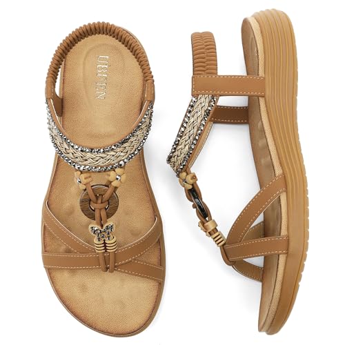 Image of UBFEN Womens Bohemian Flat Sandals With Back Strap Summer Beach Comfortable Bling