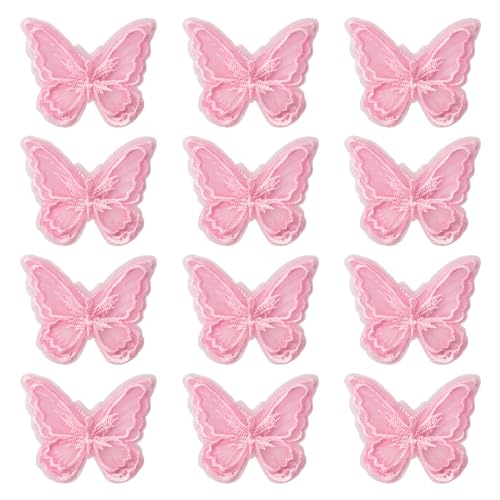 URROMA Pink Lace Butterfly Appliques for Sewing On Double Layers Lace Patches for Wedding Bride Hair Accessories (Pink, 12 pcs)