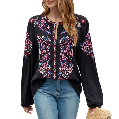 Womens Long Sleeve Shirts Fall Tops Embroidered Blouses Casual Loose Peasant Tunic Mexican Trendy Clothes