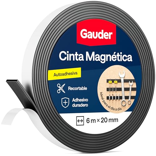 GAUDER Cinta Magnética Autoadhesiva - Banda Magnética Flexible Recortable para Manualidades, Organización y Decoración (6 m x 20 mm) - Imán en Tira