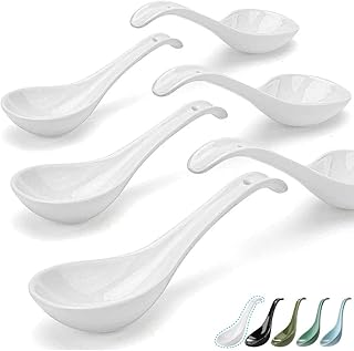 Bright White 6.75 inch Asian Soup Spoons Set of 6, Ultra-fine Porcelain Tablespoon, Chinese/Japanese Kitchen Soup Spoons for Cereal, Small Spoons for Ramen Pho - Deep Oval Hook Design