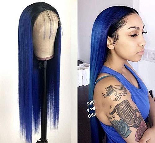WIWIWIG Blue Lace Front Wig, Long Straight Navy Blue Omber Hair with Black Roots Two Tone Half Hand Tied Synthetic Lace Front Wigs for Women 24inch (Blue Lace Wigs)