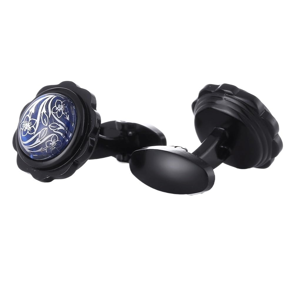 Gemelli Neri Floreali per Camicia Francese con Bottone con Motivo, Bottone Formale per Polsino (Diametro 18 * 18 mm)