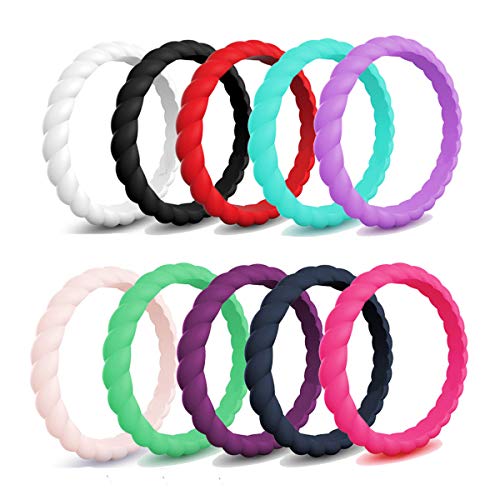 Silicone Wedding Ring for Women, 10 Packs Braided Thin and Stackable Rubber Bands - 3 mm Wide - 2.5 mm Thick (Set of 10 Pack,7)
