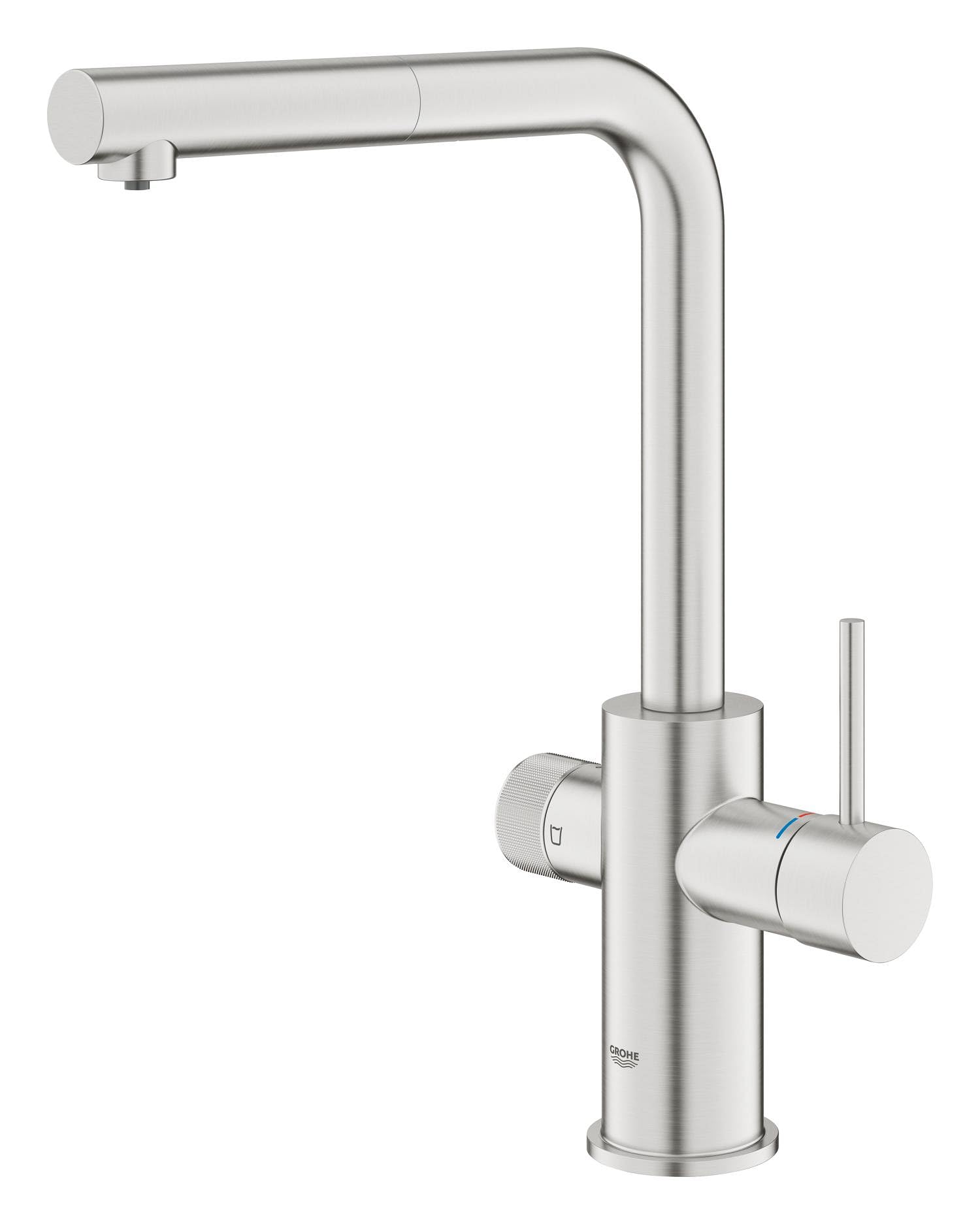 GROHE Blue Pure Minta Grifo 3 vías caño extraíble L giro 360° mando filtrado cartucho cerámico 28 mm latiguillos 3/8" Supersteel 30590DC0