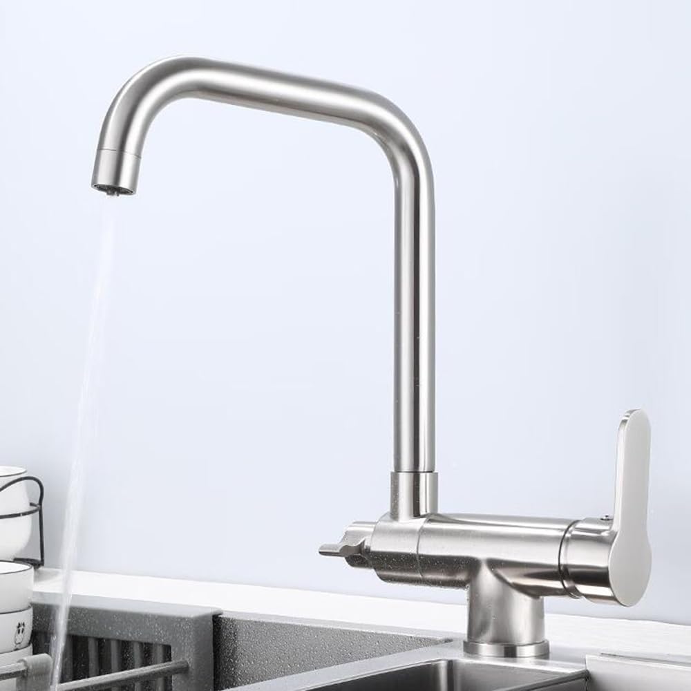 Folding Kitchen Tap 3 Way Kitchen Mixer Tap, 360° Swivel Spout 2 Handles Brass 3 in 1 Kitchen Taps-Brushed