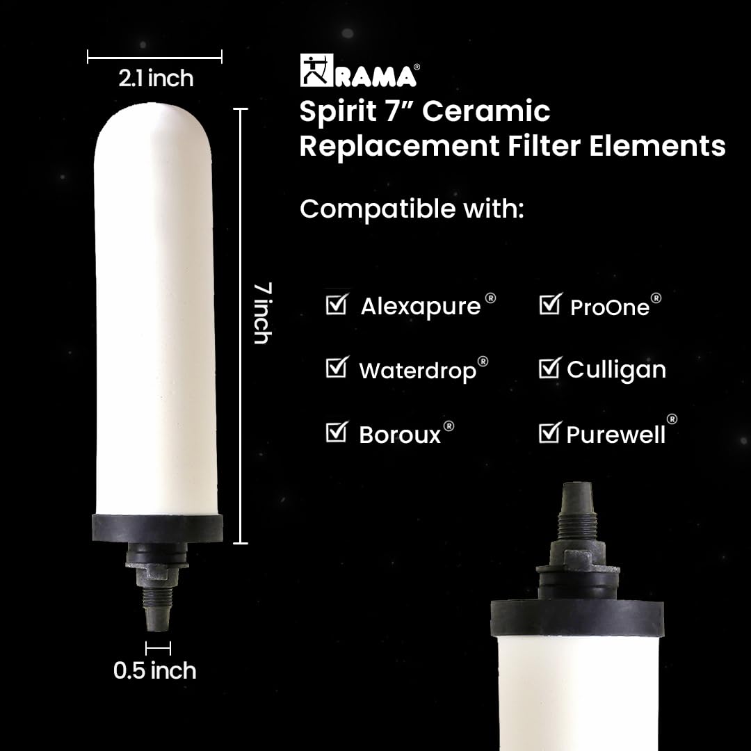 RAMA Spirit - Vela de cerámica de 7 pulgadas para filtro de agua y purificador de acero inoxidable para el hogar, filtración avanzada de 3 etapas, tecnología del Reino Unido con carbón activado,