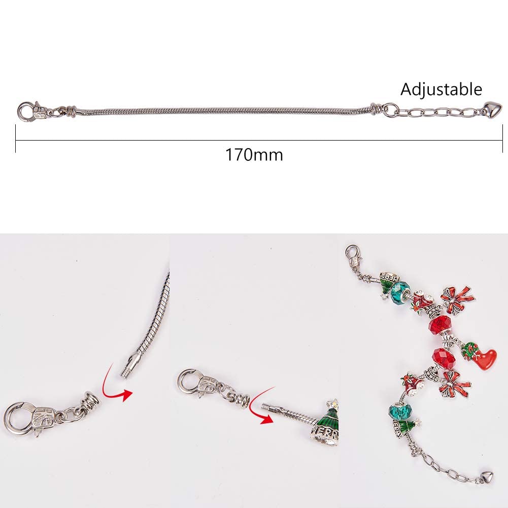 SUNNYCLUE 6pcs 2 Styles 18cm European Snake Chain Charm Bracelet Silver with Classic Bead Barrel Heart Clasp for Jewellery Making Accessories - Image 4