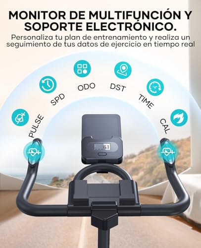 Miniatura 6 de Toputure Bicicleta Estática Para Uso Doméstico Con App Y Volante 15kg, Muelle Amortiguado Para Absorción De Impactos, Bicicleta De Spinning Magnética Para Interior, Fitness Y Cardio En Casa, Max 160kg