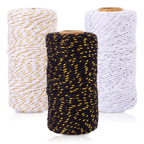 Crafans Lot de 3 rouleaux de ficelle en coton bicolores pour macramé - 2 mm - Pour loisirs créatifs - Noir/blanc/doré