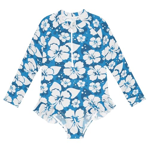 JHKKU Girls Long Sleeve Hibiscus Blue Swimsuit One Piece Zipper Rash Guard Bathing Suit with UPF 50+ Sun Protection Ruffle Swimwear 3T
