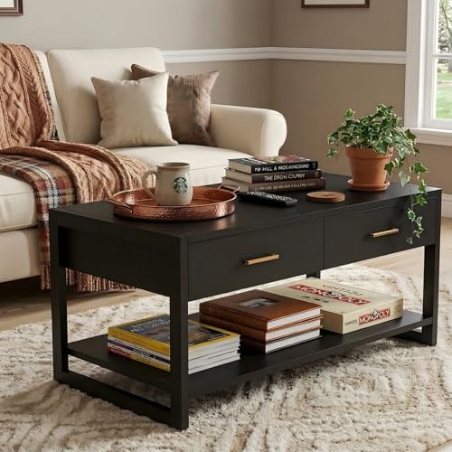 Image of Multi-Functional Coffee Table with Foot-Sensor Light, 2 Large Drawers & Open Shelf, Sturdy Frame Versatile Coffee Table with Vintage Metal Handle for Living Room /Office /Outdoor Patio
