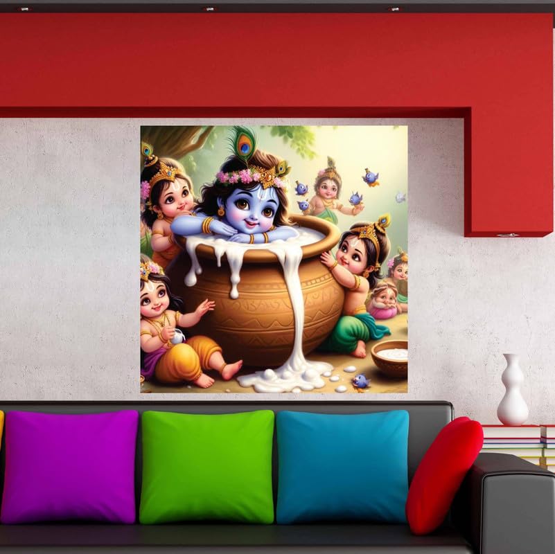 Image of British Terminal Cute little Bal Gopal Baby God Krishna| Kanha Ji | Laddu Lord Makhan Chor Painting Religious Poster for Pregnant Women for wall (matt thin vinyl,sticker,multicolor,unframed)| bj7