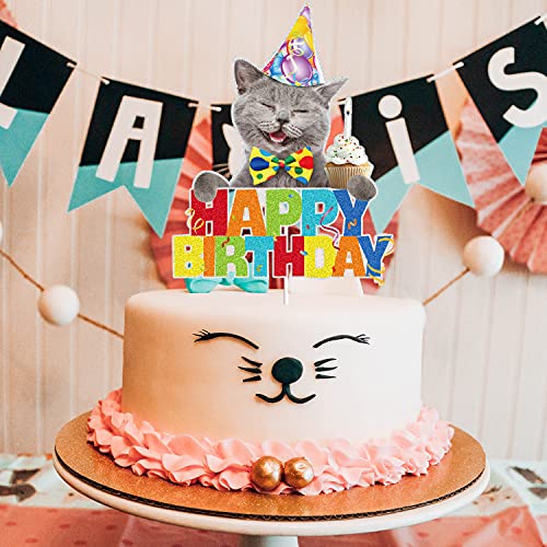 Cat Cartoon Happy Birthday Cake Topper Black Glitter For Pet Themed Bday Party Decoration Supplies #TOP3