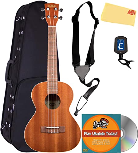 Kala KA-TE Mahogany Tenor Acoustic-Electric Ukulele Bundle with Hard Case, Tuner, Strap, Austin Bazaar Instructional DVD, and Polishing Cloth