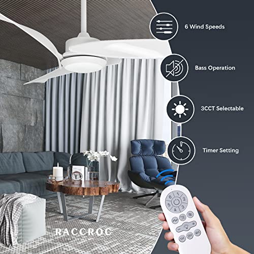 Raccroc Ceiling Fan With Lights Remote Control, 52Inch White Ceiling Fans With 3 Reversible Blades, 6 Speeds Smart Timing Quiet Dc Motor, For Indoor/Outdoor Farmhouse Patios Bedroom Living Room #TOP1