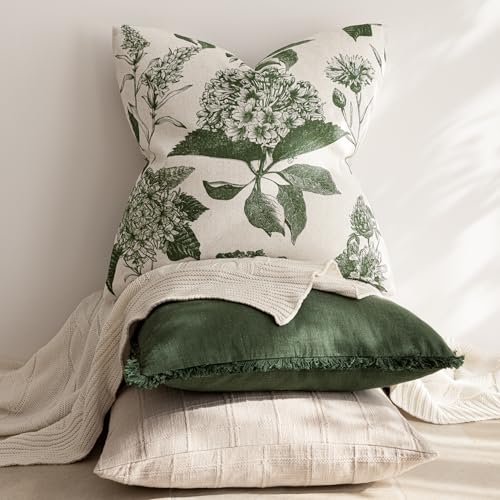 Image of Foindtower Set of 2 Linen Floral Throw Pillow Covers Neutral Vintage Print Decorative Cozy Cushion Covers Farmhouse Boho Home Decor for Sofa Chair Couch Bedroom Living Room,22x22 Inch,Dark Green