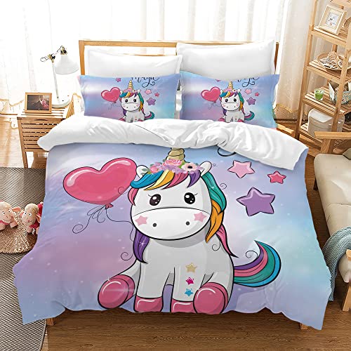 Rowjoy Funda nórdica de unicornio, microfibra, funda nórdica de 240 x 220 cm, funda nórdica de matrimonio + 2 fundas de almohada de 50 x 75 cm (Love Unicorn, 220 x 240 cm)