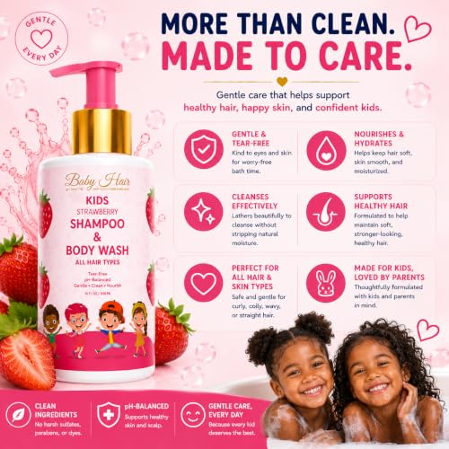 Image of BABY HAIR - Strawberry Mineral Kids Shampoo /Body Wash, Sulfate-Free Tearless Shampoo and Body Wash, Shampoo For Kids with Strawberry Oil, Camellia Oil, and Biotin, No Tears Shampoo, 10 fl.oz.
