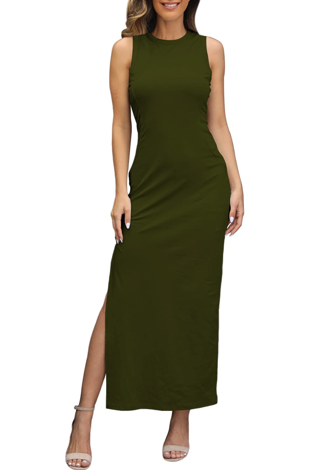 LaSuiveur Women's Sleeveless High Slit Bodycon Causal Dress Summer Beach Party Vacation Tank Maxi Dresses