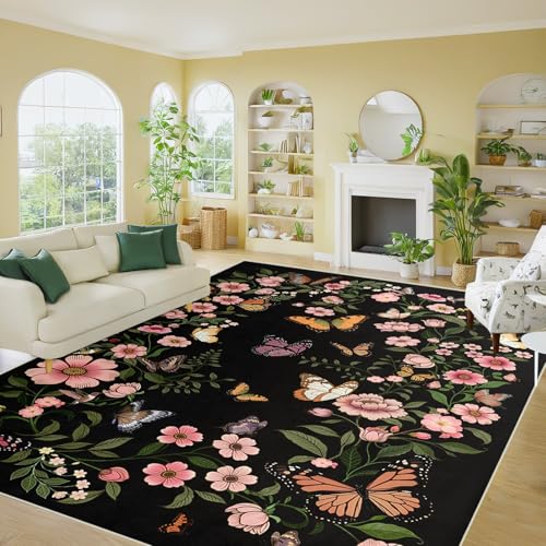 8×10 Area Rug for Living Room - 8×10 Washable Rug Boho Black Floral Carpet for Dining Room Entrance Butterfly Mats Door Mat Indoor