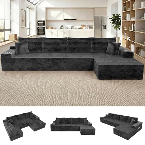 Image of 138 inch Cloud Sectional Couch with L Shape Chaise, Extra Large Frameless Corduroy Sofa, Higher 17.7 inch Seat Height, 32D Pure Foam, Modular Seating for Living Room,No Assembly(Dark Gray,Right Facing Chaise)