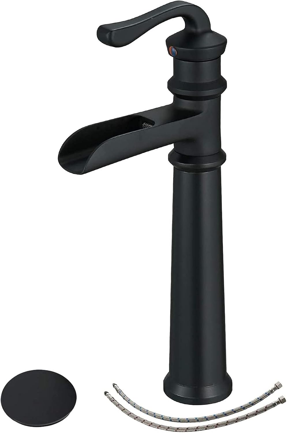 BWE Black Vessel Sink Faucet Matte with Pop Up Drain Stopper Overflow Assembly and Supply Hose Bath Waterfall Single Hole Handle Matte Lavatory Mixer Tap