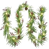 Lulu Home 9FT Pre-lit Christmas Garland, 30 LEDs Xmas Lighted Garland with Pinecones Red Berries, Battery Operated Garland with Timer for Fireplace Balcony Railing Fence Decoration