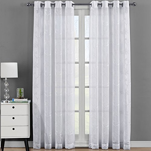 Royal Bedding Andora White Sheer Panels, Top Grommet Embroidered Sheer Curtain Panels, Set Of 2, 54Wx63L Inches Each, #TOP11